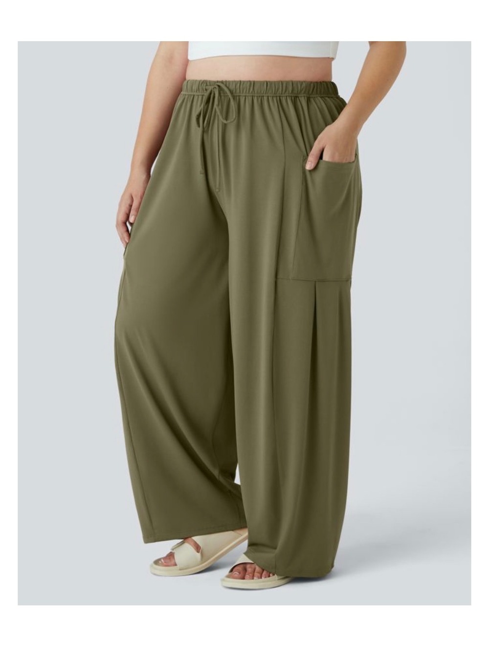 Halara MidRise Drawsting Olive Elastic Waistband Palazzo Casual Pants Sz. L